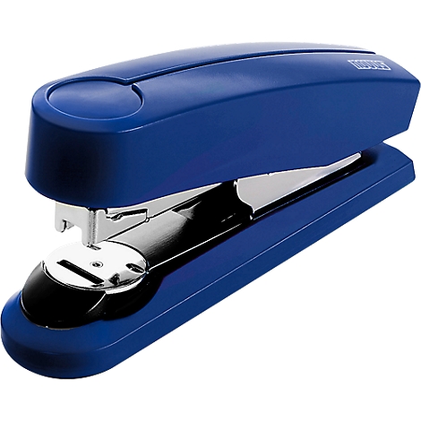 Blue stapler, metallic shine, on a white background. The device is slightly tilted and shows the staples.