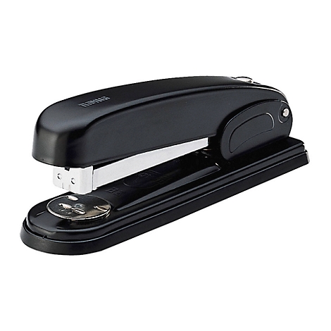 Close-up of a black stapler on a white background.