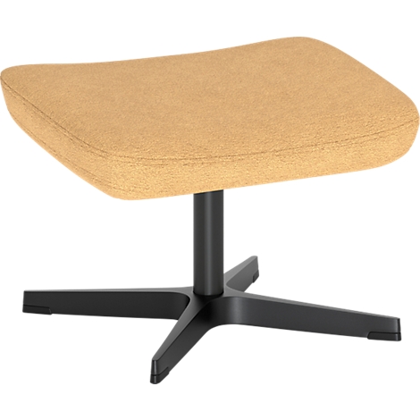 Beige gepolsterter Hocker mit schwarzem Kreuzfußgestell auf weißem Hintergrund.