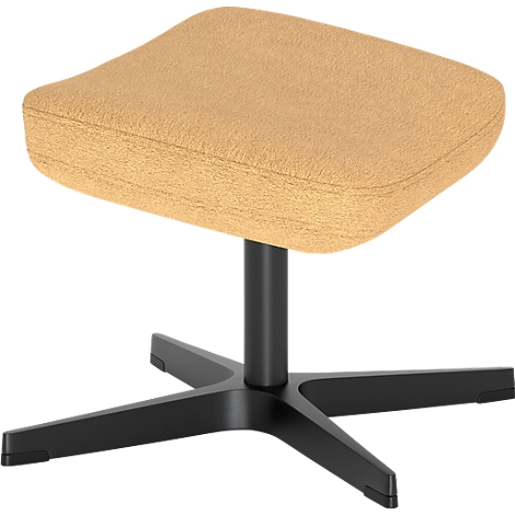Beige gepolsterter Hocker mit schwarzem Kreuzfußgestell auf weißem Hintergrund.