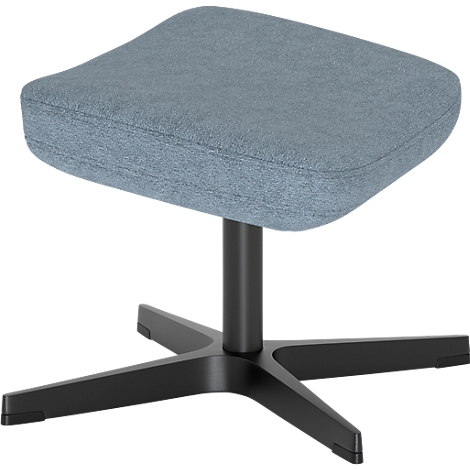 Ein hellblauer, quadratischer Fußhocker auf einem schwarzen, vierbeinigen Drehkreuz-Gestell.