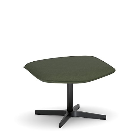 Hocker mit olivgrüner Sitzfläche und schwarzem Metallgestell. Die Sitzfläche ist unregelmäßig geformt.