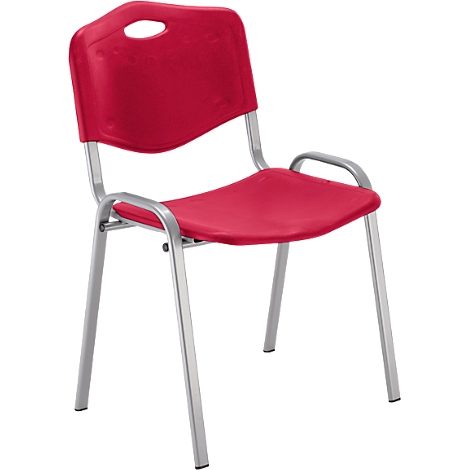 Roter Stuhl mit silbernem Rahmen. Die Rückenlehne hat ein Loch, die Sitzfläche ist gewölbt.