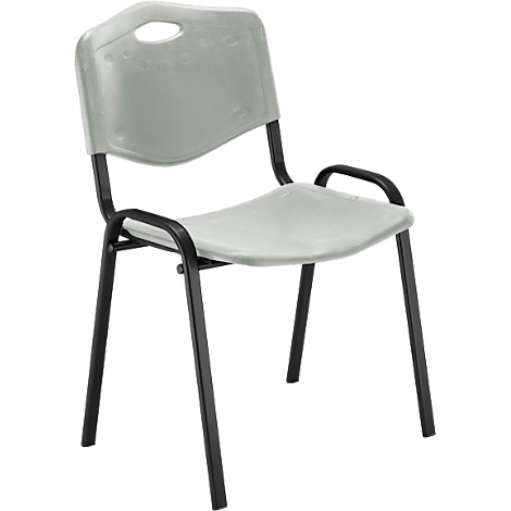 Grauer Stuhl mit schwarzem Metallgestell. Der Stuhl hat eine geschwungene Rückenlehne und Armlehnen.