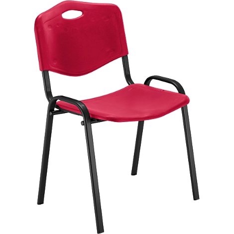 Roter Stuhl mit schwarzen Metallbeinen. Die Sitzfläche und Rückenlehne sind aus Kunststoff.