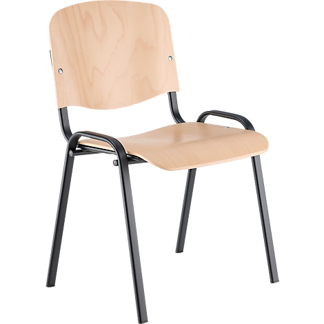 Stuhl mit hellem Holzrahmen und schwarzem Gestell. Sitzfläche und Lehne sind ergonomisch geformt.