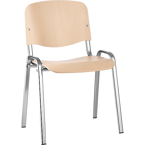 Ein Stuhl aus Holz und Metall in hellem Beige und Silber. Die Rückenlehne ist leicht geschwungen.