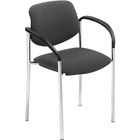 Ein Bürostuhl mit grauer Polsterung, schwarzen Armlehnen und verchromten Beinen.