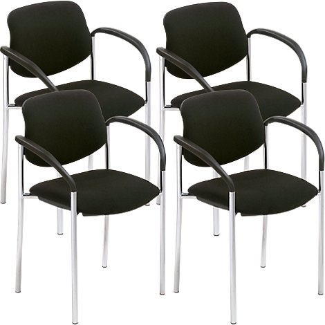 Sechs schwarze Konferenzstühle mit Armlehnen, Chromgestell.