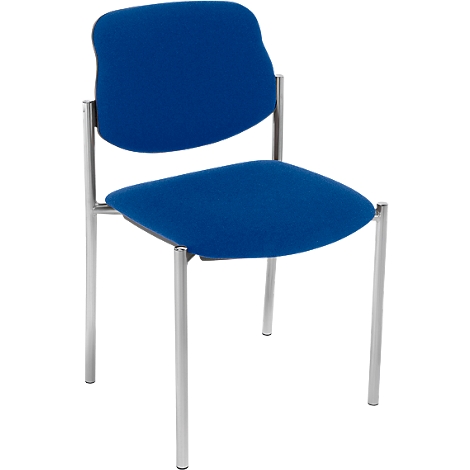 Blauer Stuhl mit Metallbeinen. Die Rückenlehne hat eine organische Form. Der Sitz ist quadratisch abgerundet.