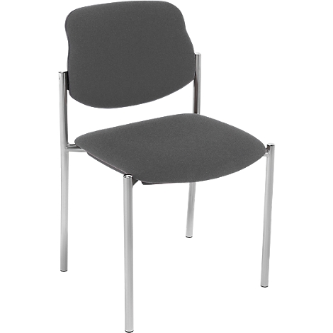 Grauer Stuhl mit gepolsterten Sitz und Rückenlehne, Metallgestell.
