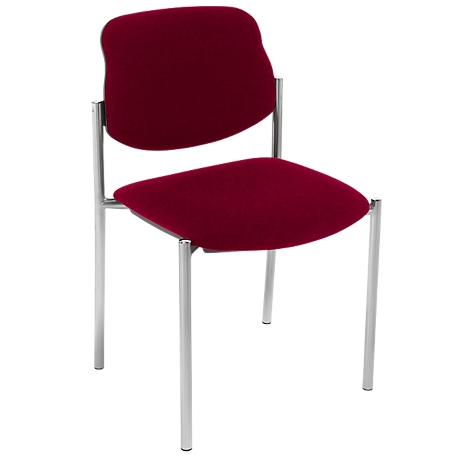 Ein Stuhl mit weinroter Sitzfläche und Rückenlehne auf silbernen Beinen.