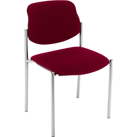 Ein Stuhl mit rotem Stoffbezug und silbernen Beinen. Die Rückenlehne ist ergonomisch geformt.