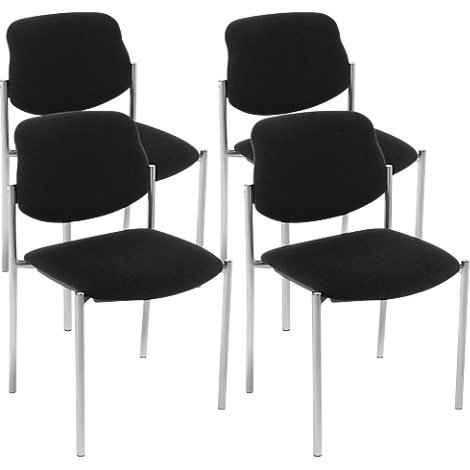 Verschillende zwarte stoelen met metalen poten. De rugleuningen zijn licht gebogen.