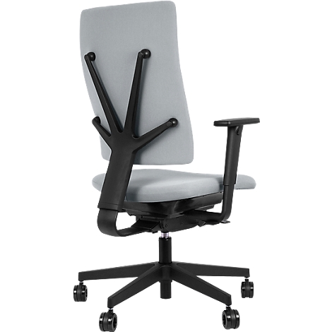 Bürostuhl mit grauer Rückenlehne und Sitzfläche. Schwarzes Gestell, Armlehnen, und Rollen.