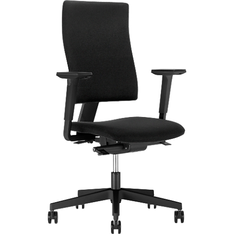 Schwarzer Bürostuhl mit Rückenlehne, Armlehnen und Rollen.