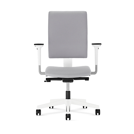 Bürostuhl mit grauer Sitzfläche, Rückenlehne und Armlehnen, weißem Gestell und Rollen.