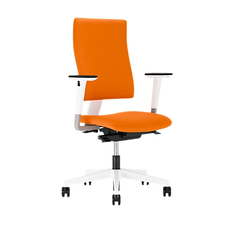 Bürostuhl in Orange und Weiß. Die Rückenlehne und der Sitz sind orange, das Gestell weiß. Armlehnen und Rollen sind vorhanden.
