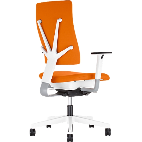 Bürostuhl, orangefarbene Lehne und Sitzfläche, weißes Gestell.