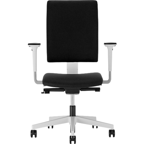Bürostuhl mit schwarzer Sitzfläche und Rückenlehne, weißen Armlehnen und Beinen.