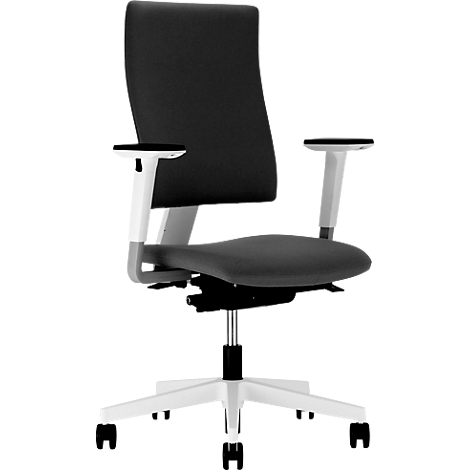 Bürostuhl mit schwarzer Rückenlehne und Sitzfläche. Armlehnen und Gestell weiß.