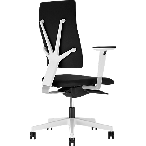 Bürostuhl mit schwarzer Lehne und Sitzfläche, weißem Gestell und Armlehnen.