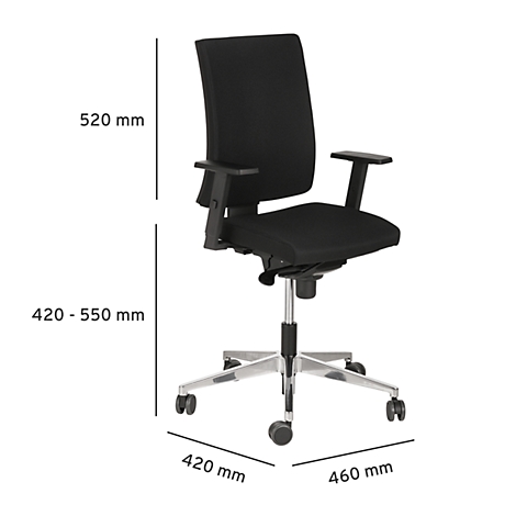 Schwarzer Bürostuhl mit Armlehnen, Maße: 520 mm hoch, 420-550 mm höhenverstellbar, 420 mm breit, 460 mm tief. Rollen-Fußkreuz.