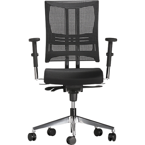 Schwarzer Bürostuhl mit Netzrücken, Armlehnen und Rollen.
