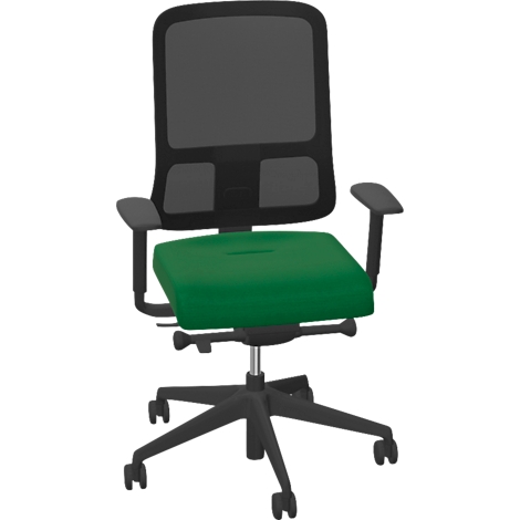 Bürostuhl mit schwarzem Gestell, Rückenlehne und Armlehnen, grüner Sitzfläche. Drehbar, mit Rollen.