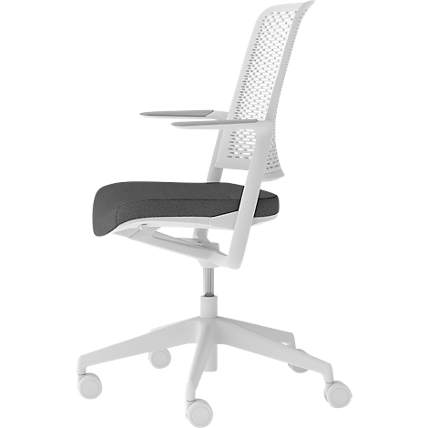 Witte bureaustoel met grijze zitting en rugleuning, armleuningen, op wieltjes.