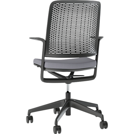 Zwarte bureaustoel, grijze zitting, mesh rug, wielen.