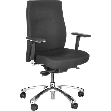 Schwarzer Bürostuhl, ergonomisch geformt, mit Armlehnen und Rollen.