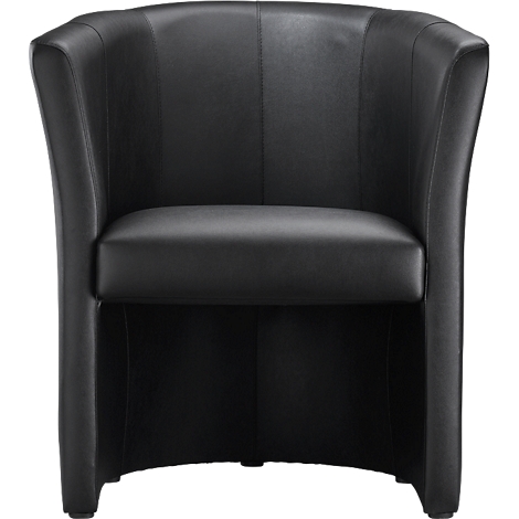 Zwarte leren fauteuil met gebogen armleuningen.