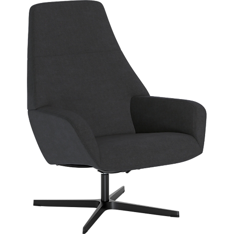 Moderne donkergrijze loungefauteuil met een hoge rugleuning op een zwarte kruispoot.