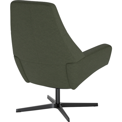 Donkergroene gestoffeerde fauteuil met hoge rugleuning op een zwart vierpotig draaibaar onderstel tegen een witte achtergrond.