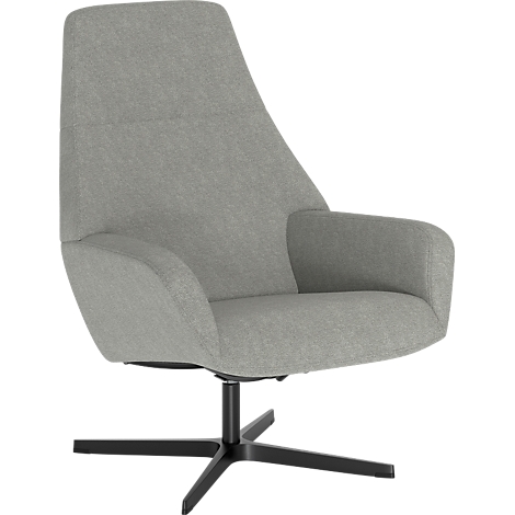 Grijze fauteuil met hoge rugleuning en zwarte stervoet tegen een witte achtergrond.