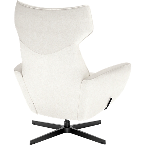 Achteraanzicht van een crèmewitte oorfauteuil met een modern zwart kruispootonderstel op een witte achtergrond.