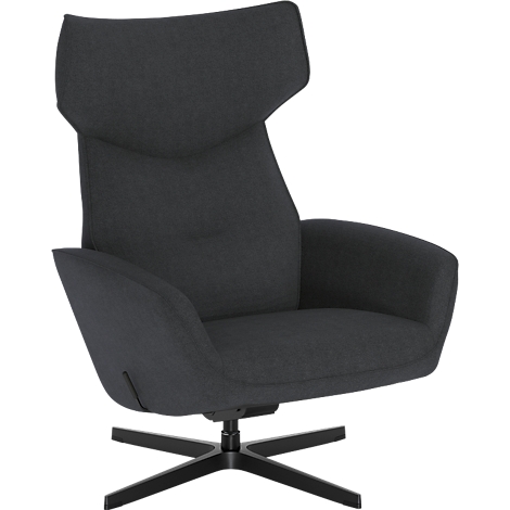 Moderne donkergrijze loungefauteuil met hoge rugleuning op een zwart kruisonderstel tegen een witte achtergrond.