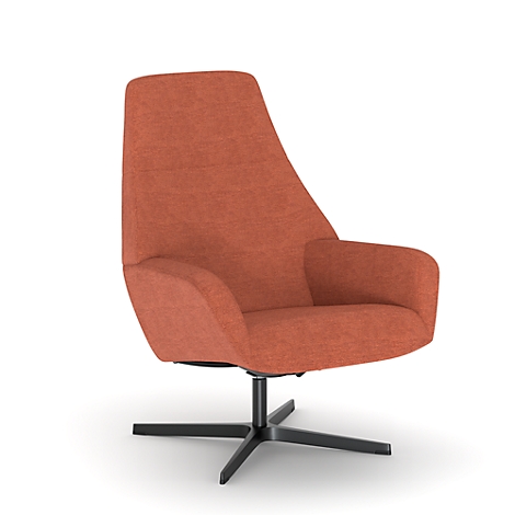 Ein orangefarbener Sessel mit einer schwarzen Basis, der vor weißem Hintergrund steht.