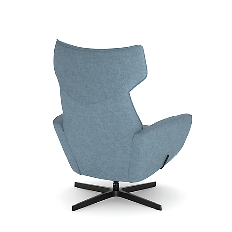 Blau gepolsterter Sessel, Rückansicht. Schwarzes Gestell, hoher Rücken.