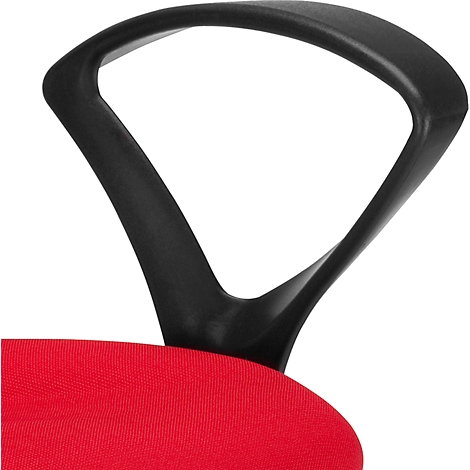 Schwarze Stuhllehne mit roter Sitzfläche. Der obere Teil der Lehne ist geschlossen, der untere Teil offen.