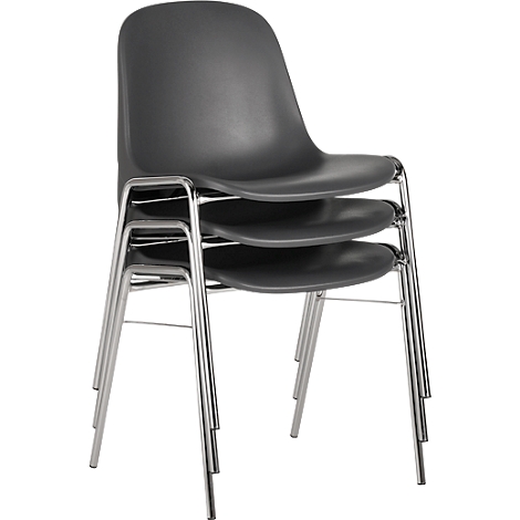 Drei stapelbare Stühle in Anthrazit. Die Sitzflächen sind aus Kunststoff, die Beine aus Metall.