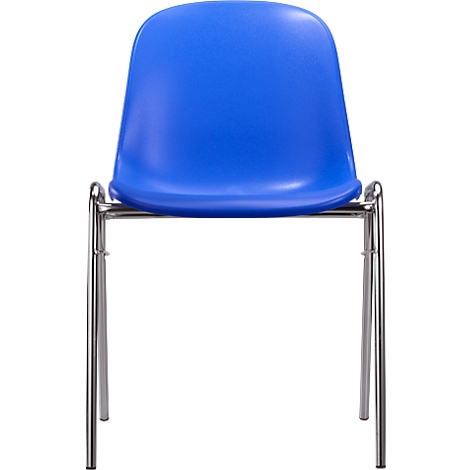 Blauer Stuhl mit Metallgestell auf weißem Hintergrund.