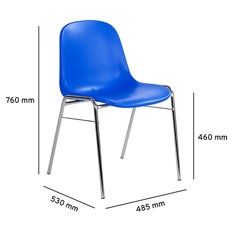 Blauer Stuhl mit verchromten Beinen und Größenangaben in mm.
