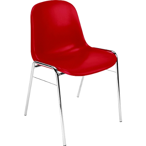 Roter Stuhl mit verchromten Beinen. Der Sitz und die Rückenlehne sind aus glänzendem Kunststoff.