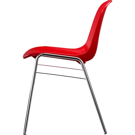Roter Stuhl mit geschwungener Rückenlehne und verchromten Beinen, Seitenansicht.