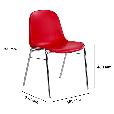 Roter Stuhl mit silbernen Beinen. Maße: 760 mm hoch, 460 mm Sitzhöhe, 530 mm breit, 485 mm tief.