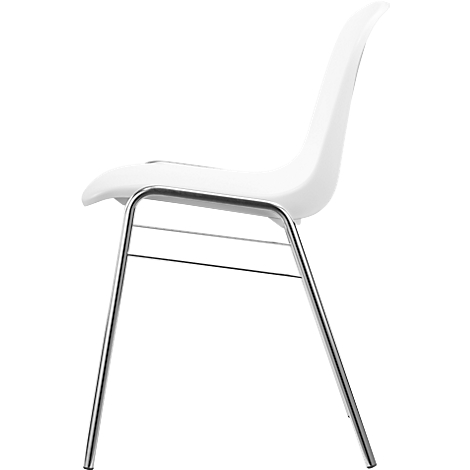 Weißer Stuhl im Profil; Sitz und Rücken aus Kunststoff, Gestell aus Metall.