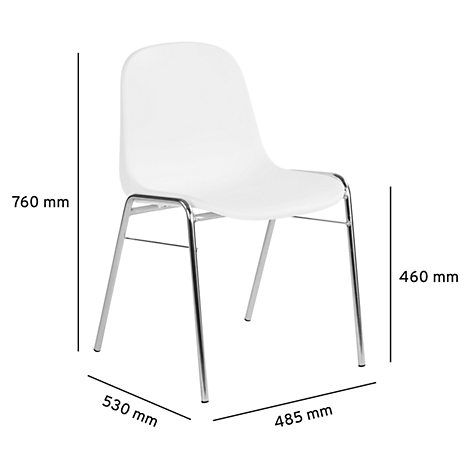Weißer Stuhl, verchromtes Gestell, mit Maßen. Höhe: 760 mm, Sitzhöhe: 460 mm, Breite: 530 mm, Tiefe: 485 mm.