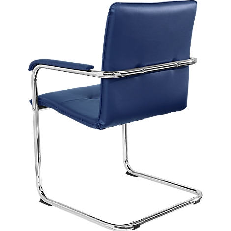 Blauer Freischwinger Bürostuhl. Sitzfläche, Rückenlehne und Armlehnen sind gepolstert. Das Gestell ist verchromt.